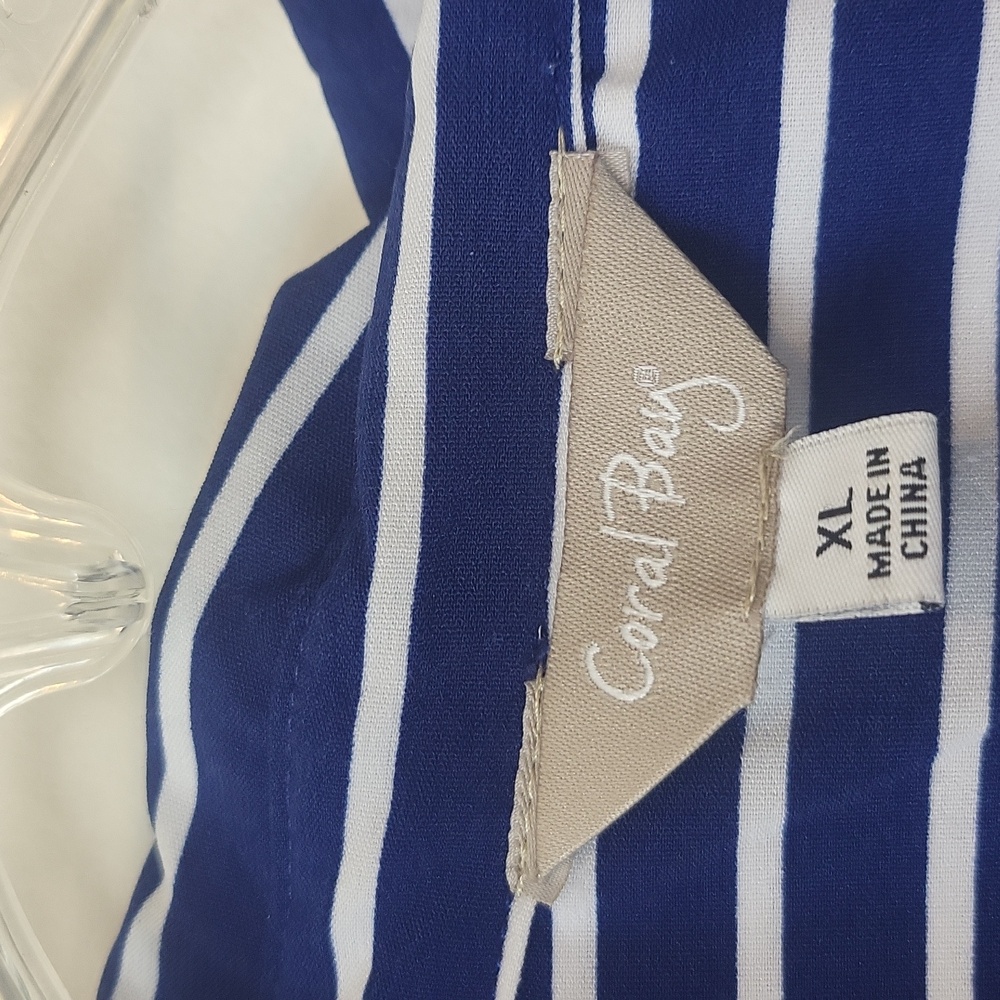 CORAL BAY Blue White Stripe Roll-Tab Pocket Blouse - Picture 2 of 12